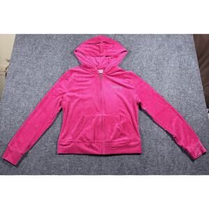 Juicy Couture Women's Velour Hoodie Size L Pink Zip Up Rhinestone Logo
